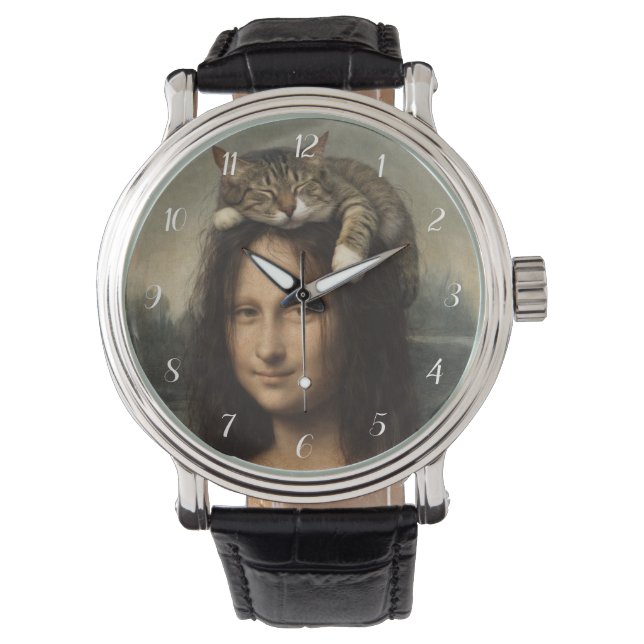 Mona Lisa mit schlafender Katze Armbanduhr (Vorderseite)