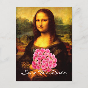 Mona Lisa mit Strauß rosa Rosen Ankündigungspostkarte