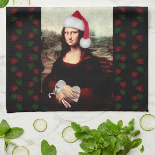 Mona Lisa Santa Hat Christmas Geschirrtuch (Gefaltet)