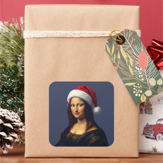 Mona Lisa Santa Hat Christmas Holiday Cut Out Quadratischer Aufkleber (Feiertag)