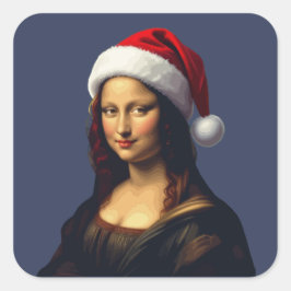 Mona Lisa Santa Hat Christmas Holiday Cut Out Quadratischer Aufkleber