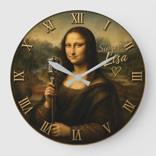 Mona Lisa Singer Funny Vintage Microphone Große Wanduhr (Vorderseite)