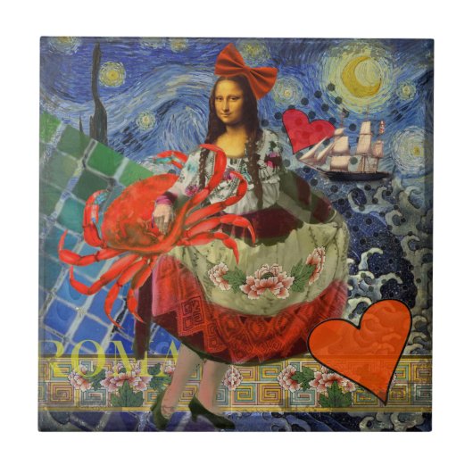 Mona Lisa Sternennacht Collage: Whimsical Surreal Fliese (Vorderseite)