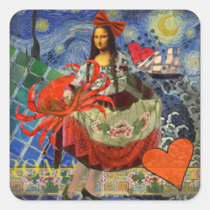 Mona Lisa Sternennacht Collage: Whimsical Surreal Quadratischer Aufkleber