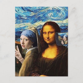 Mona Lisa und ein Mädchen, das sich selfie macht Postkarte
