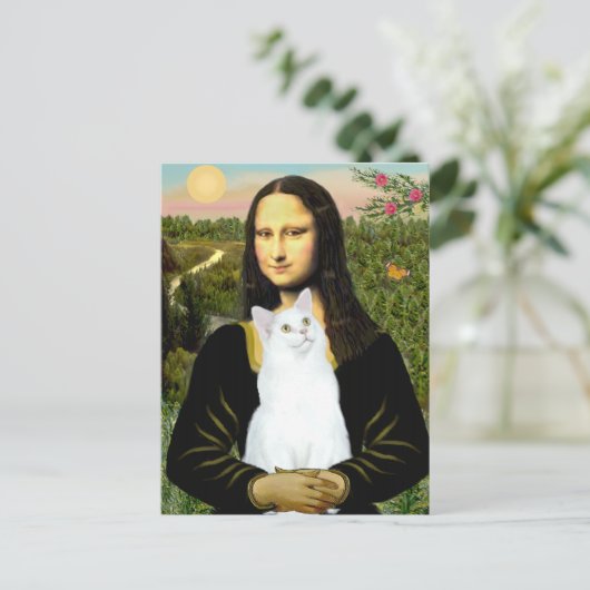 Mona Lisa und Weiße Katze Postkarte (Stehend Vorderseite)