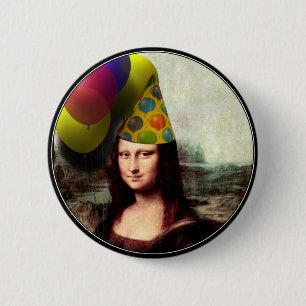Mona Lisa Wearing Party Hat Button
