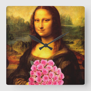 Mona Lisa With Bouquet Of Pink Roses Quadratische Wanduhr