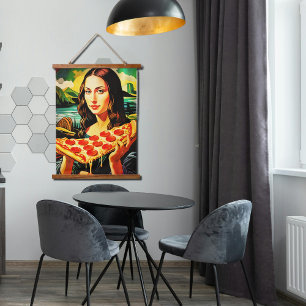 Mona Lisas lustiger Pizza-Moment Wandteppich Mit Holzrahmen