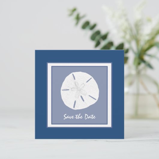 Monaco Blue Sand Dollar Save the Date (Stehend Vorderseite)