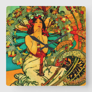 Monaco Monte Carlo Plakat von Alphonse Mucha Quadratische Wanduhr