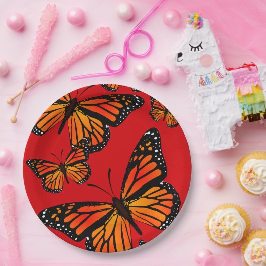 Monarch Butterfliegen auf Rot Pappteller (Party)