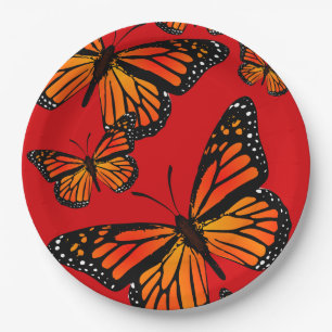 Monarch Butterfliegen auf Rot Pappteller