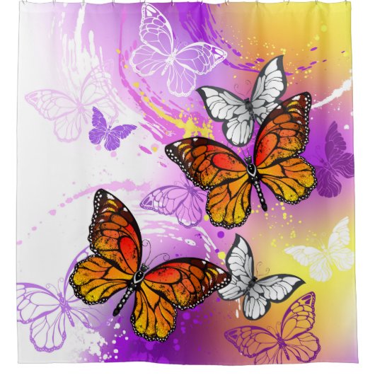 Monarch Butterflies on Purple Background Duschvorhang (Vorderseite)