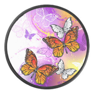 Monarch Butterflies on Purple Background Eishockey Puck