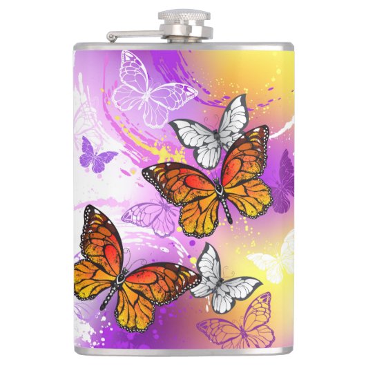 Monarch Butterflies on Purple Background Flachmann (Vorderseite)