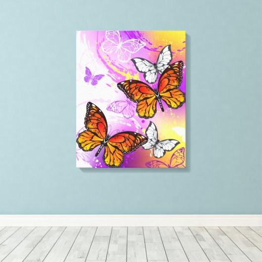 Monarch Butterflies on Purple Background Leinwanddruck (Insitu (Holzboden))