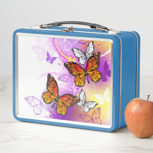 Monarch Butterflies on Purple Background Metall Brotdose (Beispiel)