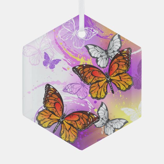 Monarch Butterflies on Purple Background Ornament Aus Glas (Vorderseite)