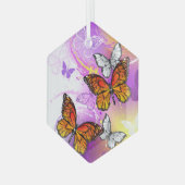 Monarch Butterflies on Purple Background Ornament Aus Glas (Vorderseite Links)