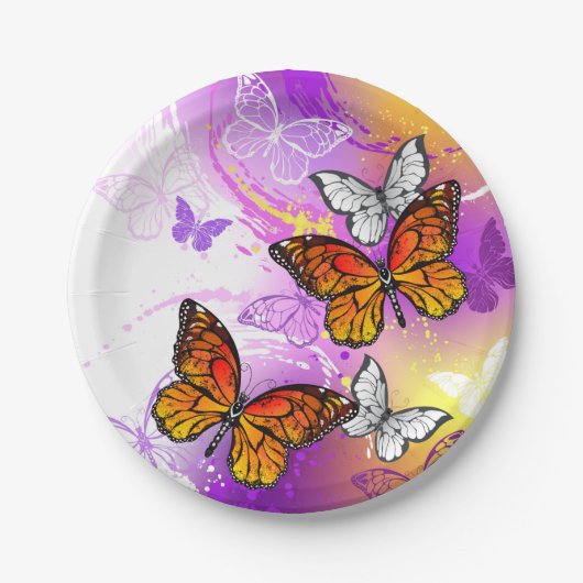 Monarch Butterflies on Purple Background Pappteller (Vorderseite)