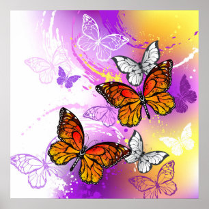 Monarch Butterflies on Purple Background Poster
