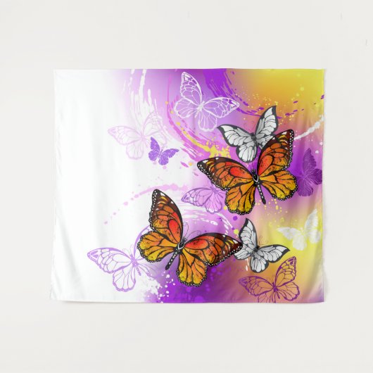 Monarch Butterflies on Purple Background Wandteppich (Vorderseite (Horizontal))