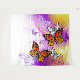Monarch Butterflies on Purple Background Wandteppich