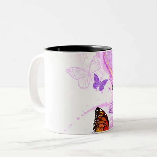 Monarch Butterflies on Purple Background Zweifarbige Tasse (Vorderseite Links)