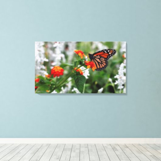 Monarch Butterfly auf Orange und Red Lantana Leinwanddruck (Insitu (Holzboden))