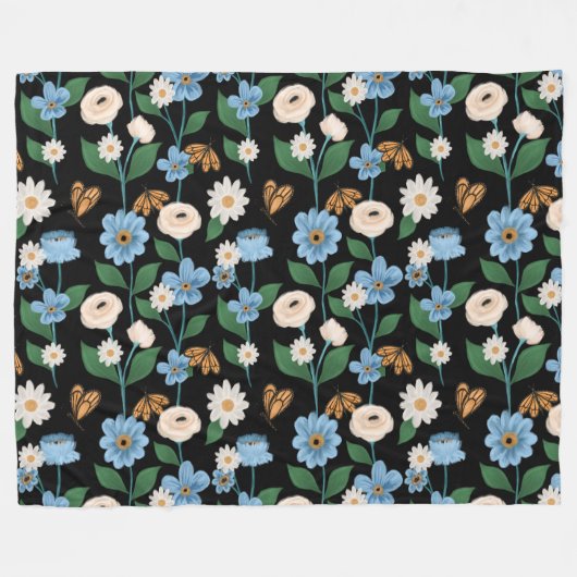 Monarch Butterfly & Blue & White Blume Fleecedecke (Vorderseite (Horizontal))