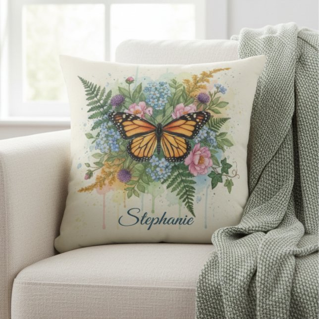 Monarch Butterfly Floral Watercolor Garden Kissen (Botanical monarch butterfly decorative pillow)
