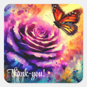Monarch Butterfly Lila Rose Sonnenuntergang Quadratischer Aufkleber