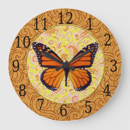 Monarch Butterfly On Paisley Clock Große Wanduhr (Vorderseite)