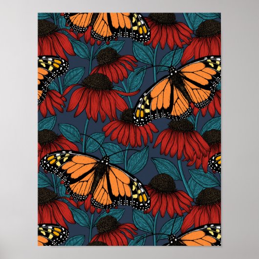 Monarch butterfly on red coneflowers poster (Vorne)