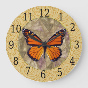 Monarch Butterfly On Stein Glass Clock Große Wanduhr