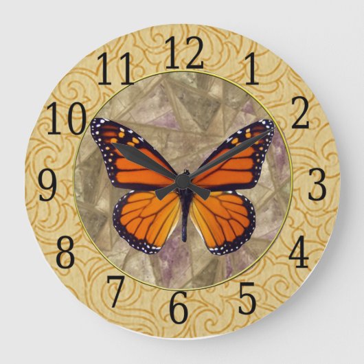 Monarch Butterfly On Stein Glass Clock Große Wanduhr (Vorderseite)