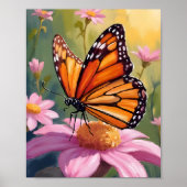 Monarch Butterfly Pink Blume Blumengemälde Poster (Vorne)