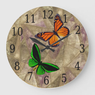 Monarch & Green Butterfly auf Stein-Gläser-Uhr Große Wanduhr