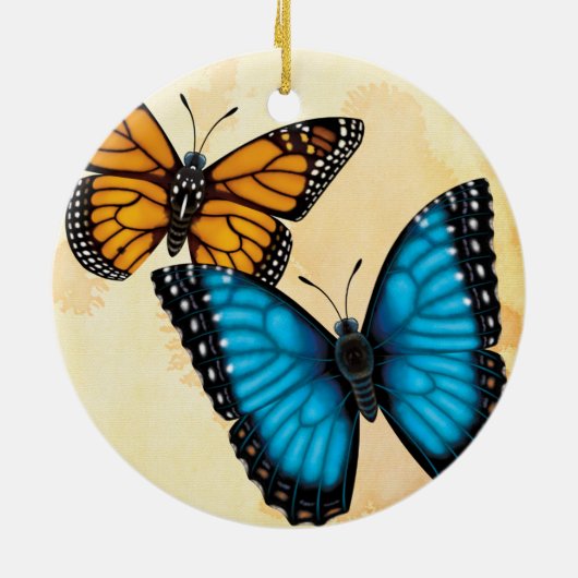 Monarch und blaue Morpho Schmetterlings-Verzierung Keramikornament (Hinten)