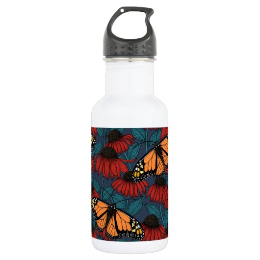 Monarchschmetterling auf roten Konfektoren Edelstahlflasche (Vorderseite)
