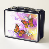 Monarchschmetterlinge auf Lila Hintergrund Metall Brotdose (Rückseite)