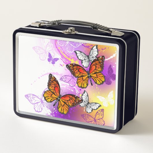 Monarchschmetterlinge auf Lila Hintergrund Metall Brotdose (Vorderseite)