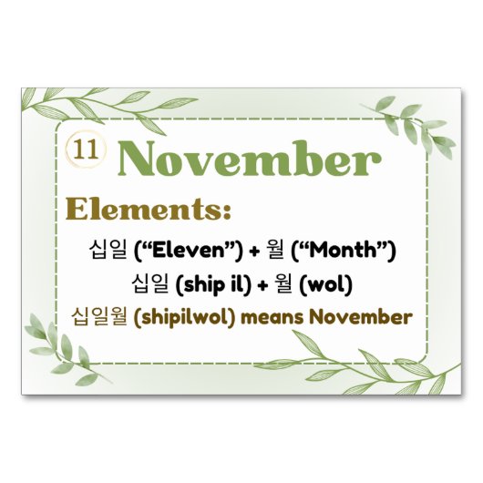 Monate in koreanischer Hangul (Flash Cards) Tischnummer (Vorderseite)