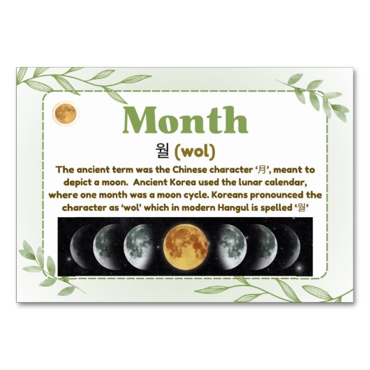 Monate in koreanischer Hangul (Flash Cards) Tischnummer (Vorderseite)