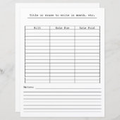 Monatliche Zahlungstabelle für Schreibwaren (Vorne/Hinten)