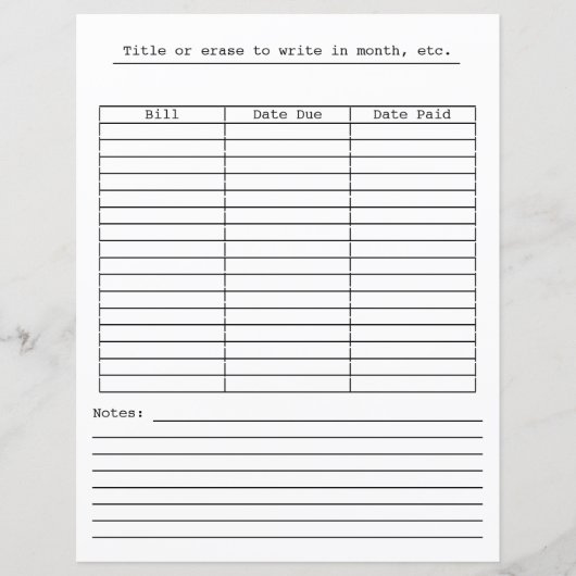 Monatliche Zahlungstabelle für Schreibwaren (Vorderseite)