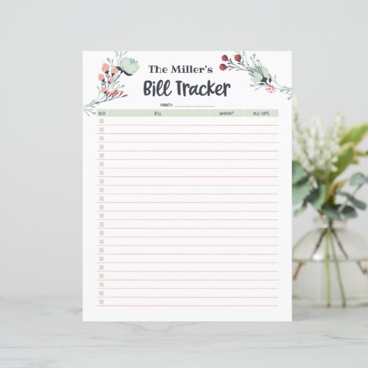 Monatlicher Bill Tracker im Niedlichen Blumenstil (Stehend Vorderseite)