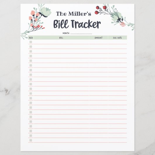 Monatlicher Bill Tracker im Niedlichen Blumenstil (Vorderseite)