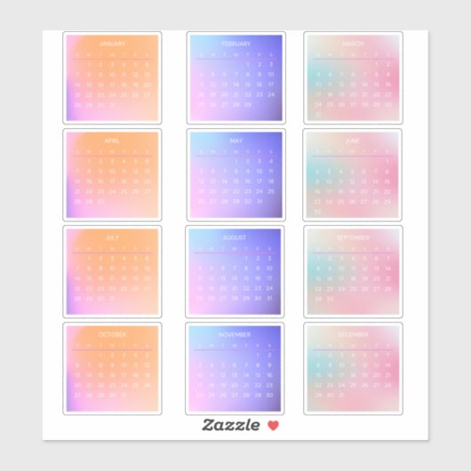 Monatlicher Gradient-Volljahreskalender 2024 Aufkleber (Blatt)